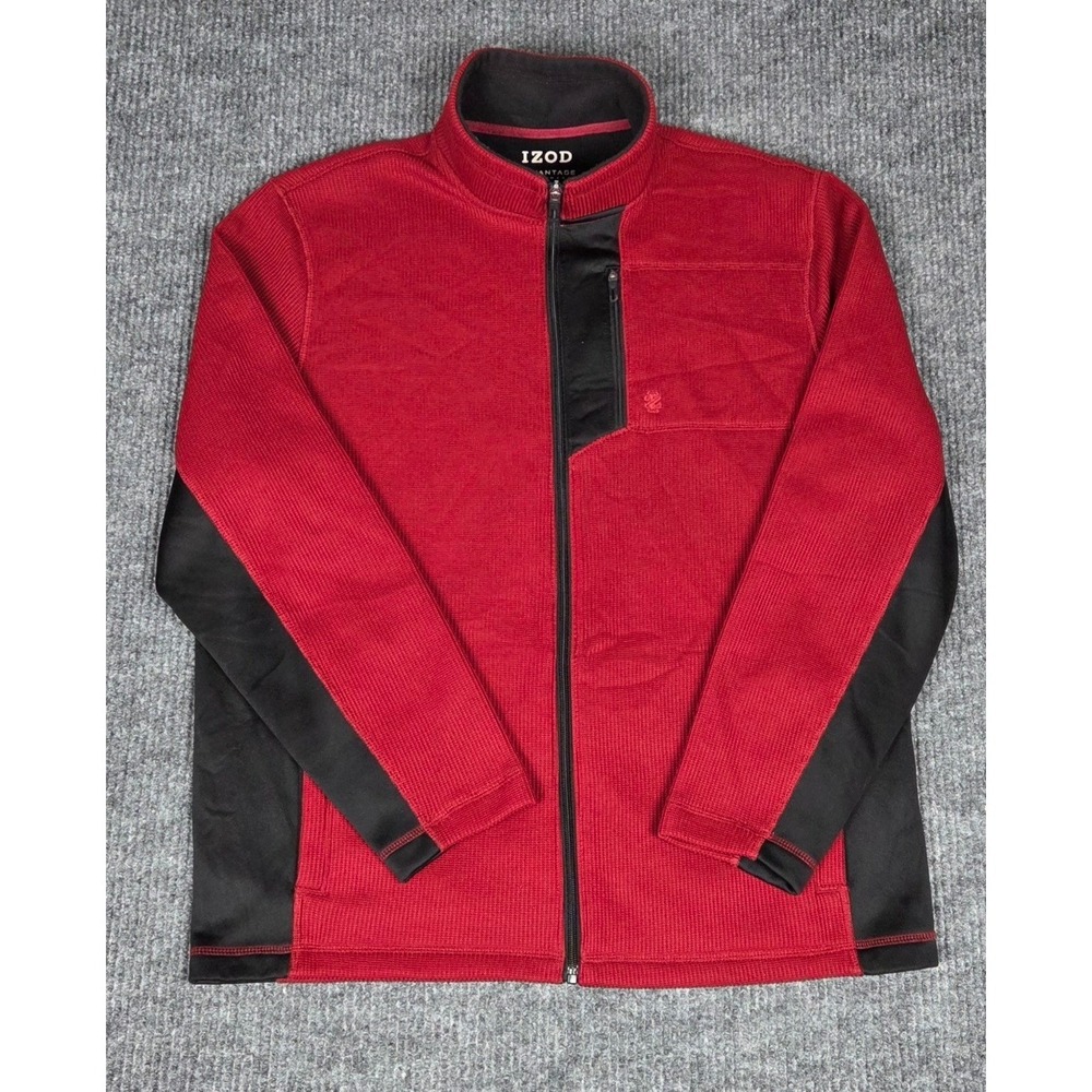 IZOD Mens Red Black Quarter Zip Fleece Jacket Performance Stretch Size Large